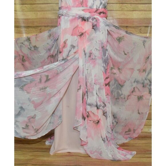 R & M Richards Pink Floral Ruffled Maxi Dress Women's 16W Chiffon Fairy Feminine - Picture 7 of 15